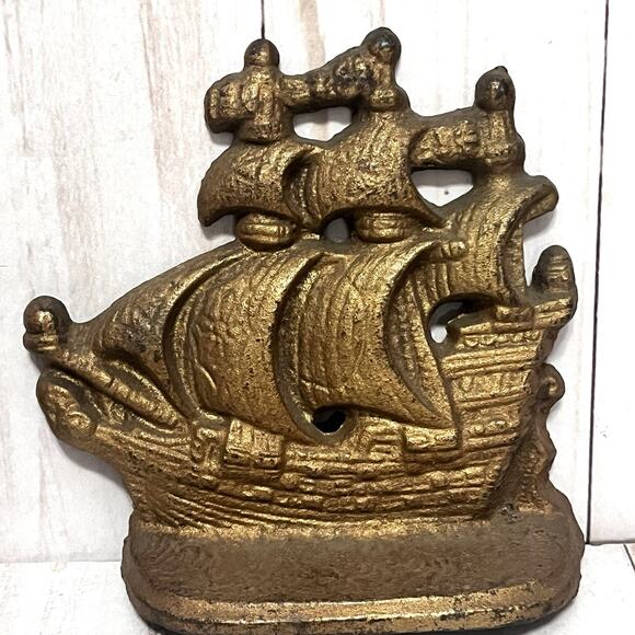Vintage Pirate Ships Bronze Metal Cast Iron Bookends Doorstopper Set of 4 - Picture 3 of 14